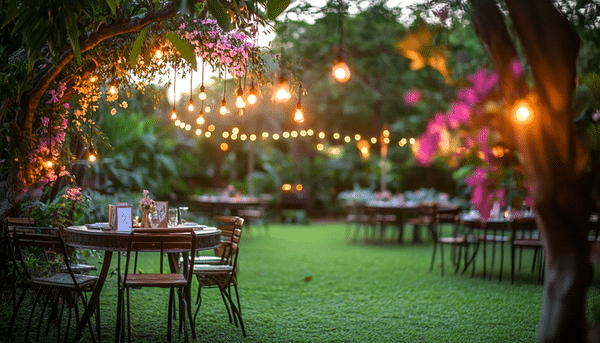 Mesas y sillas de madera decoradas elegantes con pequeños detalles sobre las mesas y copas de vidrio. Todas están en un jardín pequeño, cuidado y decorado con luces cálidas y flores color lila.