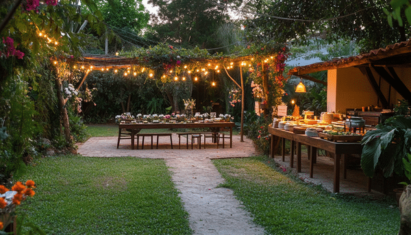 Pequeño jardín decorado con luces cálidas. En el centro y a un costado se observan mesas largas de madera con platillos y decoraciones sobre ella.