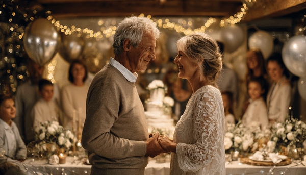 Matrimonio de entre 45 a 55 años tomándose de las mano y mirándose con cariño. Detrás de ellos una mesa con flores, un paste e invitados cercanos, familia y amigos.