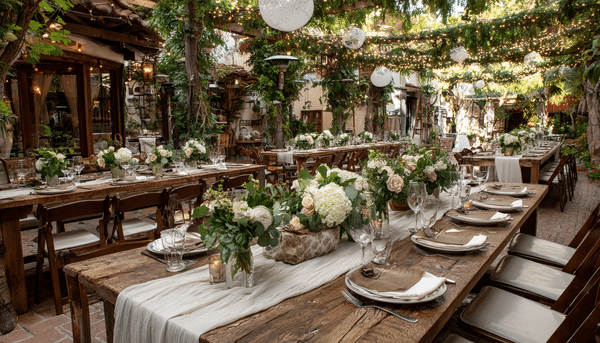 Balcón de un restaurante con mesas rectangulares de madera, adornadas con flores, copas de vidrio y platos de porcelana. La decoración parece de boda. De fondo las puertas de un restaurante clásico.