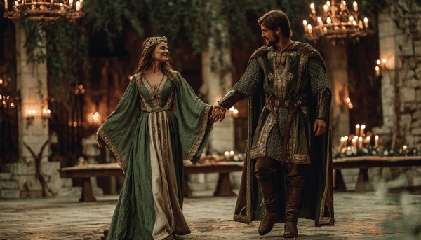 Pareja tomándose de la mano, bailando algo sencillo sobre una pista. Detrás se ven bardas grande de piedra, parecidas a las de un castillo, decoradas con velas, candelabros y antorchas encendidas. La mujer porta un vestido verde con corona de metal y el hombre traje con cinturón, botas y capa de la época medieval.