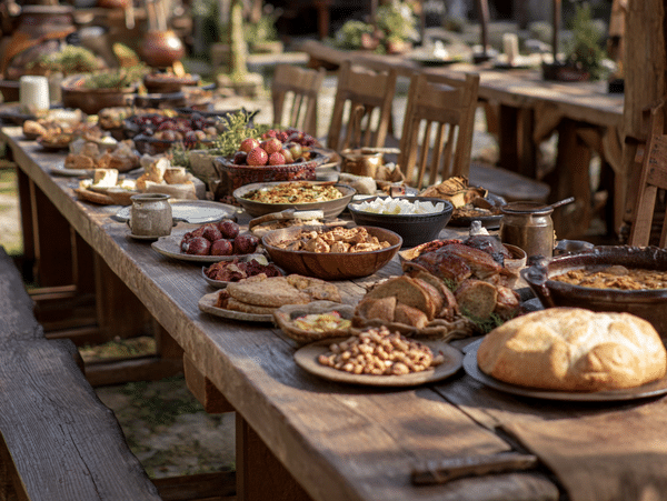 Banquete de comida sobre una mesa de madera larga con sillas de madera. Detrás se ve un jardín decorado para organizar boda medieval. 