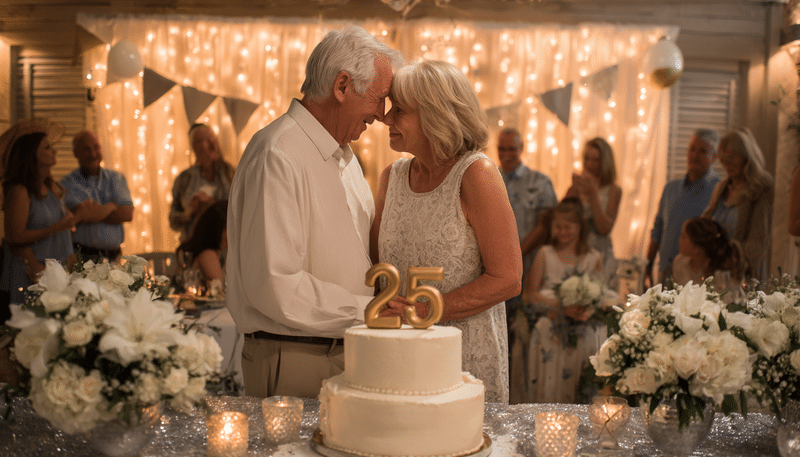 Matrimonio adulto de entre 45 a 55 años tomándose de las manos y mirándose con ternura. Enfrente de ellos una mesa con velas un pastel con el numero 25. Detras de la pareja familiares cercanos, hijos y nietos.