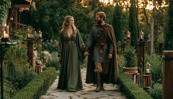Pareja de novios tomándose de las manos y mirándose con cariño, caminando por un jardín decorado con antorchas y velas. Mejer con vestido verde y hombre con traje de la época medieval.