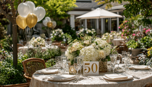 Jardín de una casa decorado para una organización bodas de oro con mesas. Las mesas están decoradas con copas, platos, servilletas, floreros y adornos con el número 50.