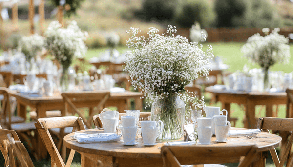 Mesas redondas de madera, enzima de ellas tazas, platos de porcelana y un florero de vidrio con pequeñas flores blancas. De fondo se ven más mesas con sillas y un campo con pasto y arboles verdes.