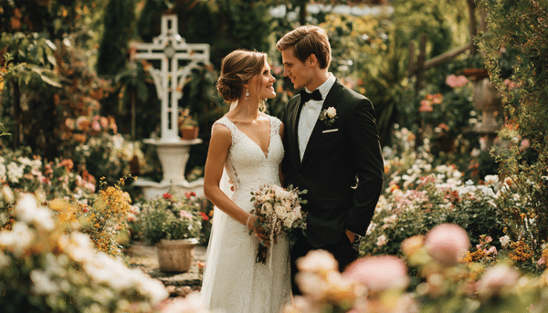 Pareja de novios en su boda, en medio de un jardín decorado con flores naturales. La novia lleva un vestido blanco con velo y un ramo de flores. El novio un traje negro elegante y moño. De fondo un jardín con árboles, flores y una cruz blanca grande.
