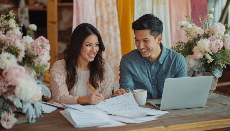 Pareja sonriendo, sentada en una mesa de madera lista para organizar una boda, con más papeles sobre la mesa, una taza de café y una laptop. De fondo se ven diferentes tipos de telas y flores, ambas de colores pastel.