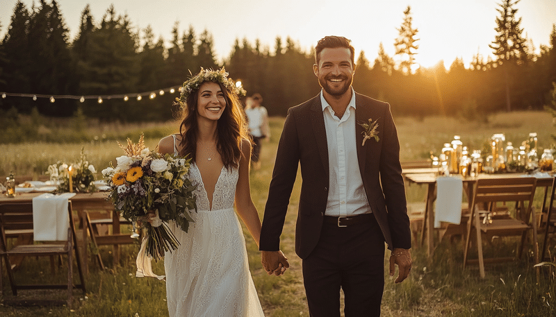 Novios felices tomándose de la mano y caminando en el centro. A los costados sillas y mesas de madera decoradas para bodas en el campo. De fondo un campo con pinos grandes.