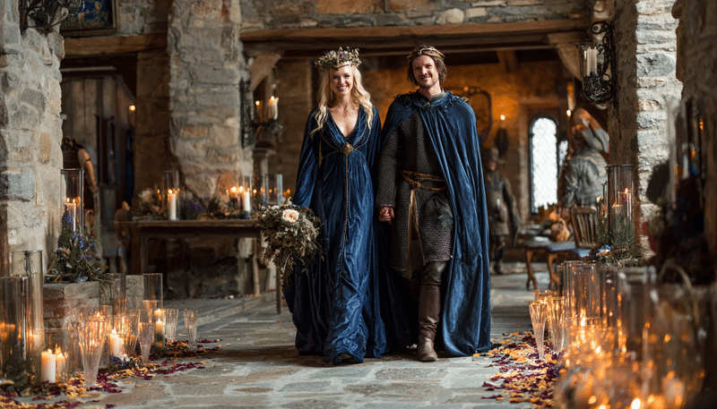Novios en boda medieval, tomándose de las manos y caminando por un pasillo. Al lado de ellos velas y antorchas con fuego. La mujer lleva un vestido azul con corona metálica y el hombre traje medieval con capa.