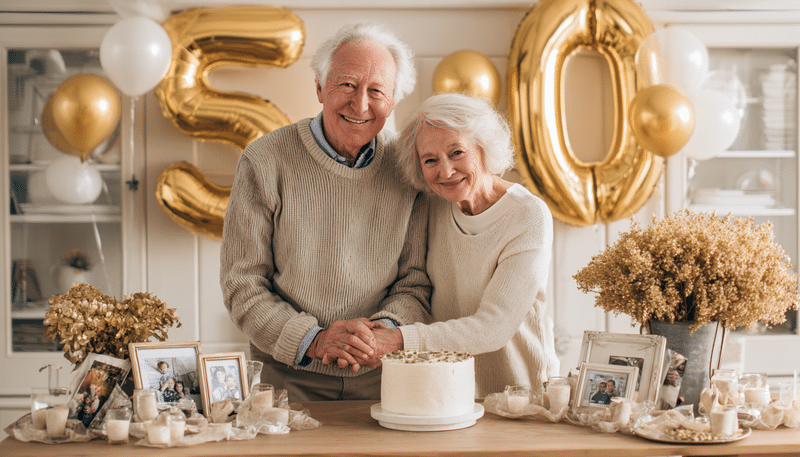 Matrimonio tomándose de las manos, enfrente de ellos una mesa decorada con fotos, flores y un pastel con el número 50. Detrás de ellos una pared blanca y dos globos de color dorado con el número 50.