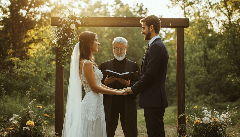 Pareja feliz tomándose de las manos, en medio un sacerdote leyendo la biblia. La novia lleva un vestido blanco y velo. El novio traje negro y camiseta blanca. De fondo un arco con flores en un jardín. Parece la organización de boda cristiana.
