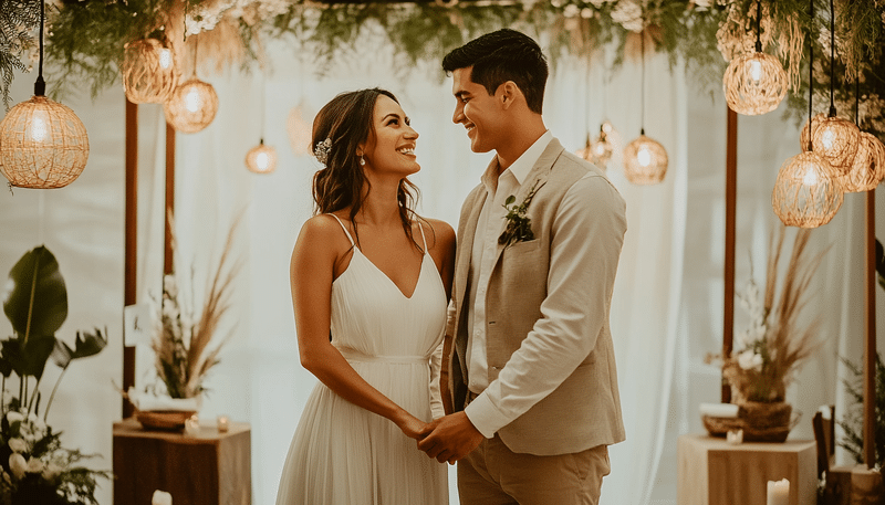 Pareja se mira fijamente de forma tierna en un salón decorado con luces cálida, flores blanca, cortinas blancas que parece la decoración de una boda. La novia tiene un vestido blanco bonito y cómodo, él novio un traje color café claro y camita blanca.