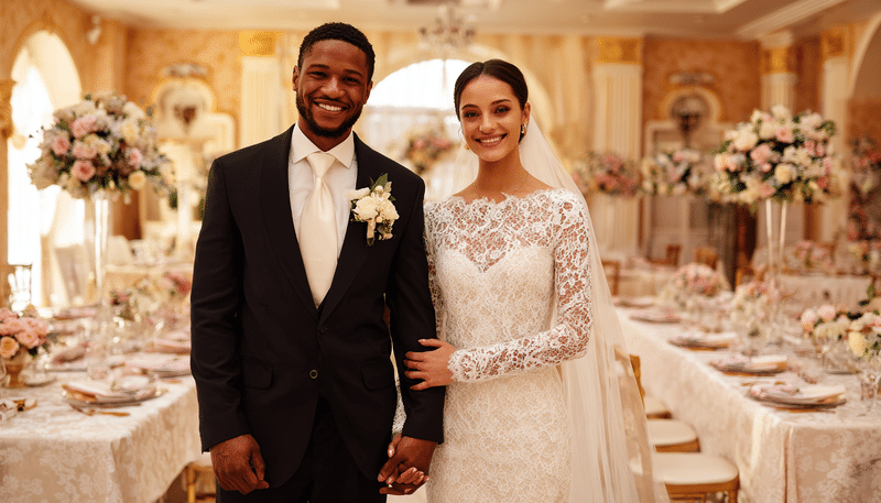 Pareja recién casada de la mano, sonriendo y caminando por un salón decorado para celebrar su boda.