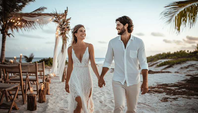 Pareja caminando descalza por la playa. La mujer lleva un vestido blanco, largo y casual. El novio una camiseta blanca casual y un pantalón claro. De fondo sillas de madera, un arco de madera y decoración para organizar boda en la playa.