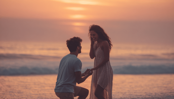 Pareja joven en la playa. El hombre esta en un pie pidiendo la mano en matrimonio de la mujer. De fondo la puesta de sol y el mar.