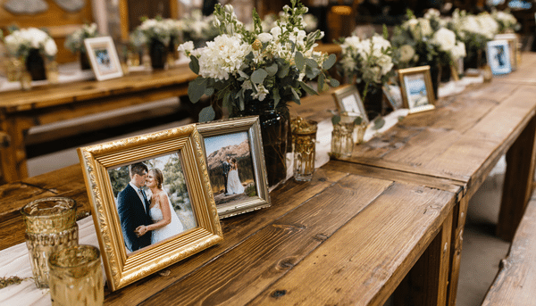 Mesa larga y rectangular para una organización de bodas de oro, decorada con vasos dorados, flores y cuadros con fotos de dos novios en su boda.
