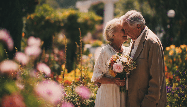 Matrimonio abrazándose en una jardín repleto de flores y árboles. El hombre lleva traje café y la mujer vestido blanco con ramo de flores.