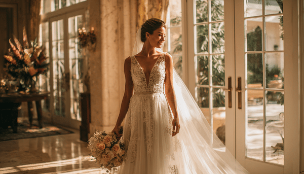 Novia en plena boda luciendo un hermoso vestido blanco con encaje, velo y ramo de flores. De fondo un salón con puestas grandes por donde entra la luz cálida de un atardecer.